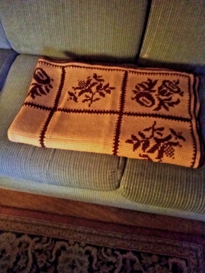 Punta de aguja gruesa artesanal vintage beige/marrón floral a rayas afgano 64"x50 Foto 4 de 4