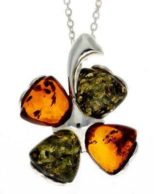 CERTIFIED COGNAC MIX GREEN FOUR LEAF LUCKY CLOVER SILVER AMBER PENDANT NECKLACE