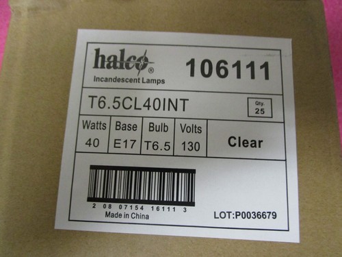 Box of 18 Halco 106111 T6.5 CL40INT Clear Watts 40, Base E17 Bulb T6.5 130 Volts - Picture 2 of 10