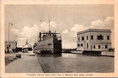 Postcard Ontario Freighters Leaving Upper Level Lock 3 Welland Canal 1940s K85