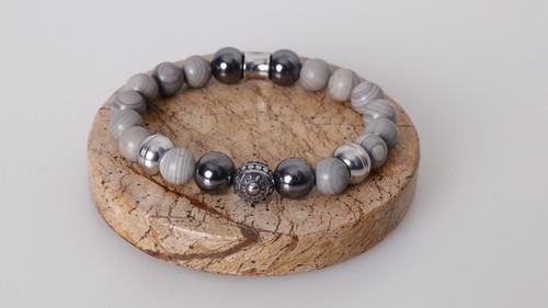 Pulsera Premium de piedras presiosas de Jaspe gris natural Regalo Para Hombres - Picture 2 of 6