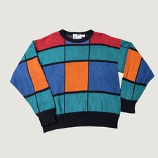 Vintage London Fog Mens M Colorblock Grid Sweater 100% Cotton Made in USA 90s
