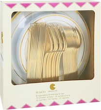 60PCS Gold Plastic Dinnerware Set Service 12 Guests Heavy Duty White Gold Plates