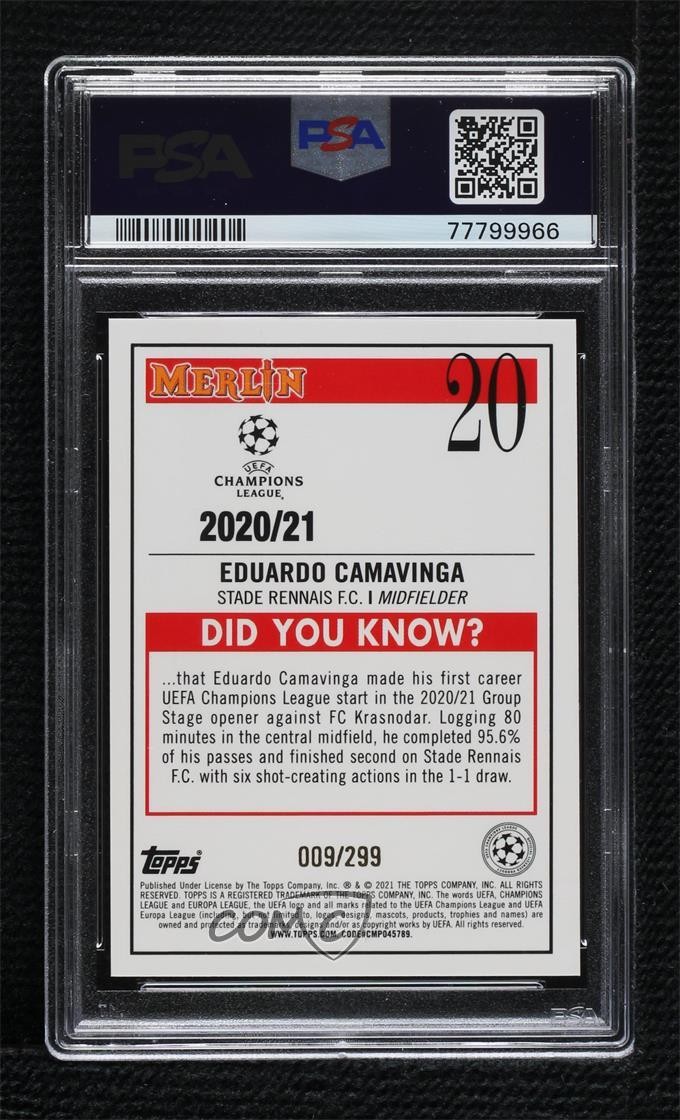 2020 Merlin Collection Chrome Purple 9/299 Eduardo Camavinga PSA 10 Rookie RC view 2