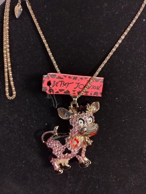 Betsey Johnson Pink And Black Cow Rhinestone Necklace New With Tags 