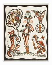 Henry Hablak Print Tattoo Flash Card Art Sign Astrology Lithograph Fox Tiger