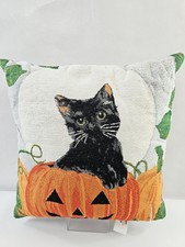 Halloween Embroidered Style Cat In Pumpkin Patch Jack-o-Lantern Pillow 16 X 16