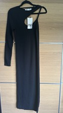 Zara Size M 12 Black Pencil Bodycon Dress Asymmetric Sleeve Slash Neck Bnwt BH3