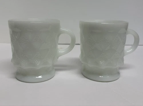2 Vintage Anchor Hocking Fire King Kimberly Diamond Mugs Milk White Retro 60s
