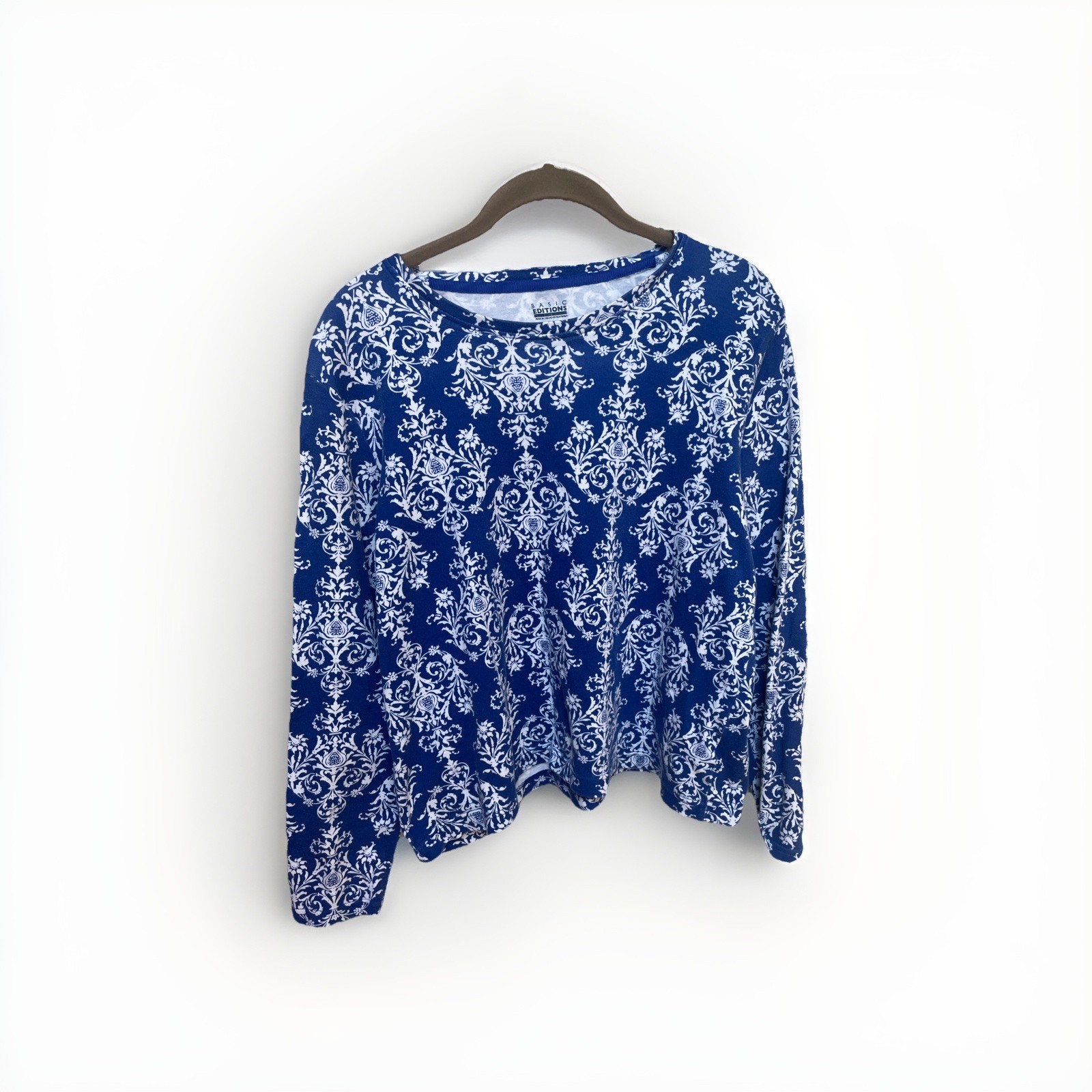 Basic Editions Blue And White Patterned Long Slee… - image 1