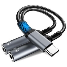 USB C to Dual 3.5mm Headphone Splitter for 2 Headphones, Hi-Res Light Gray