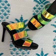 Y2K Iridescent Platform Stiletto Heel Sandals Womens Sz 8.5 Holographic Club