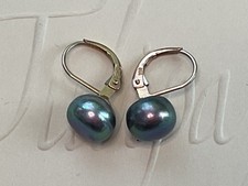 14K Solid Gold Leverback Earrings – Tahitian Black Pearls 10–11mm