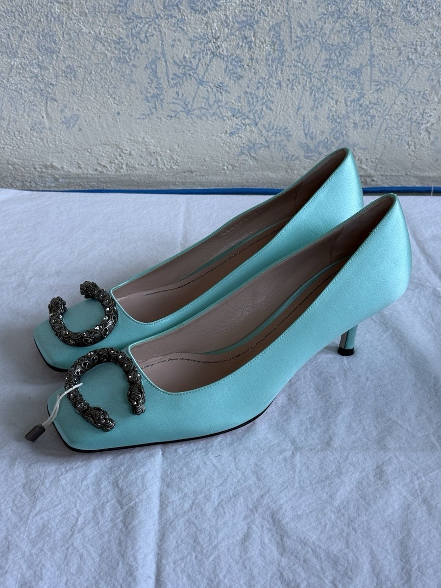 GUCCI Dionysus Pumps 37 Ocean Wave Light Blue Aqua Silk Satin