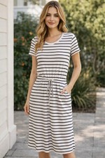 Simier Fariry Striped T-Shirt Midi Dress Small Short Sleeve Drawstring Pockets