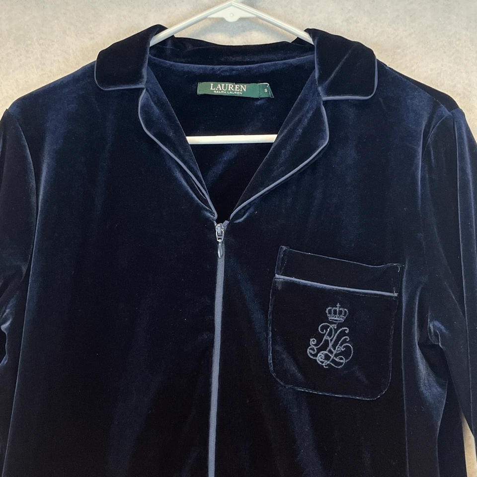 Bata para mujer LAUREN RALPH LAUREN pequeña azul terciopelo larga cremallera completa cuello caftán Foto 3 de 4