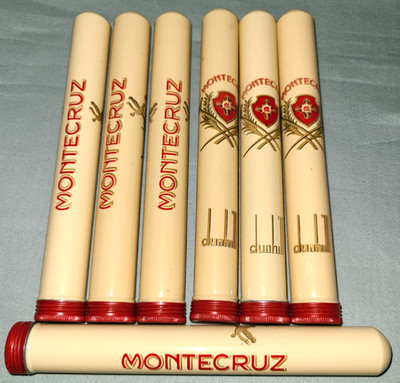Lot of 8 vtg Dunhill metal cigar tubes, 7x Montecruz Las Palmas & 1x Montecristo