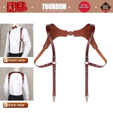 Tourbon Vintage Leather Men's Suspenders Harness Punk Chest Hooks Pants Braces