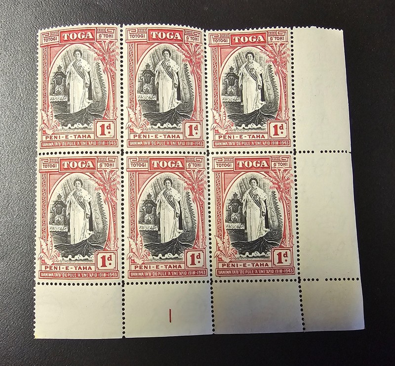 TONGA 1944 Silver Jubilee Sc 82. SG 83 Queen Salote's Ascession MNH PLATE BLK #1