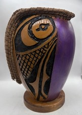 Beautiful VTG Gourd Art On Wood Base / Carved  Painted   12  