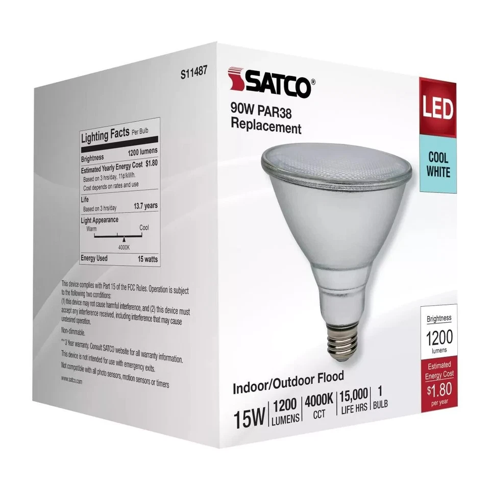 Satco S11487 - 15 Watt PAR38 LED Light Bulbs - 4000K  (2, 6 or 12 Pack) - Image 2 of 4
