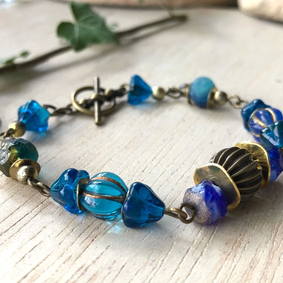 Blue Vintage Style Bracelet. Czech Glass Beaded Boho Bracelet. UK Handmade - Image 3 of 4