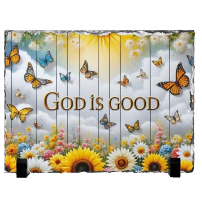 Photo On Slate Rock God Is Good Butterfly 7.9  X 5.9   Floral Stone Plaque