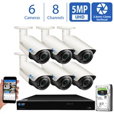 8CH NVR 6 x 5MP 2.8-12mm Varifocal Microphone IP Bullet Security Camera System