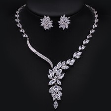 Women Elegant Silver Plated Leaf Cubic Zirconia Wedding Pageant Jewelry Set Gift