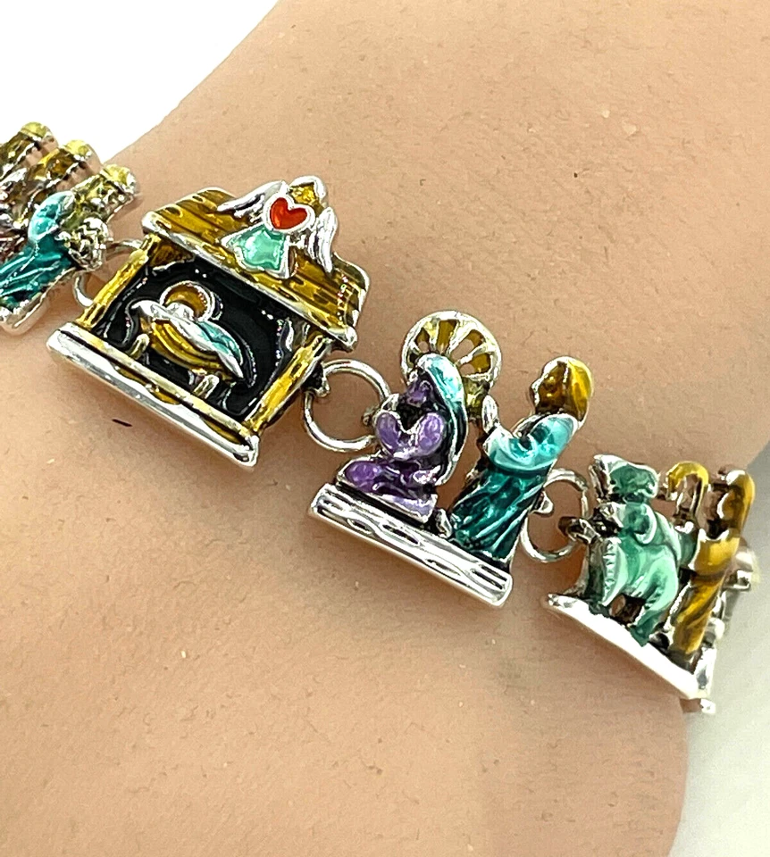 Nativity Story Charm Chain Bracelet Magnetic Clasp Size 7 White Gold Foto 4 de 4