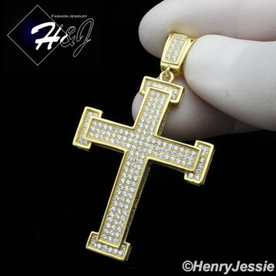 MEN 925 STERLING SILVER ICY BLING CUBIC ZIRCONIA GOLD PLATED 3D CROSS ...