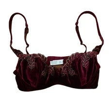 Victoria's Secret Maroon Velvet Bra 34B Underwire Silicone Inserts Embroidered