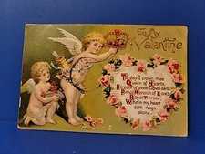 Antique 1910 TO MY VALENTINE Postcard Cherubs Crown Queen Hearts Flowery Heart 