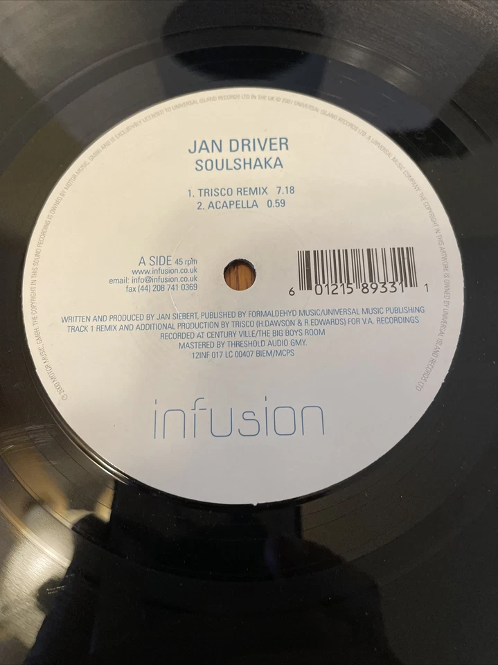 Jan Driver - Soulshaka - Infusion Vinyl Record 12” Mix & Remix - Image 2 of 4