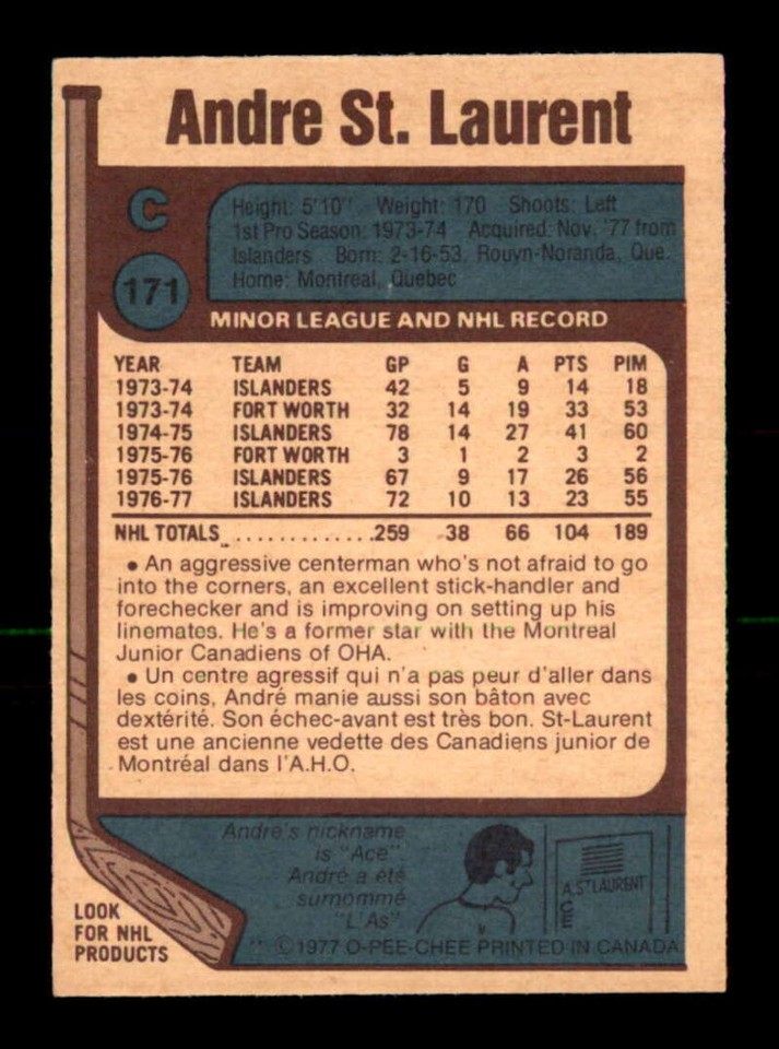 1977 O-Pee-Chee NHL #171 Andre St.Laurent NM/NM+ X3047236 | eBay