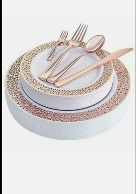 WDF 150PCS Rose Gold Plastic Plates and  Dinnerware serve 25