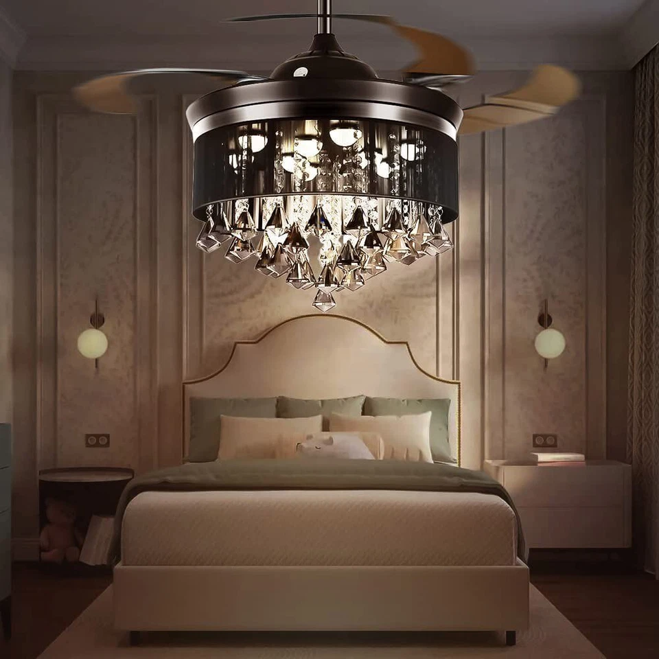 Lámpara de araña de cristal diamante negro 42" 3 colores LED luz de ventilador de techo de 3 velocidades Foto 3 de 4