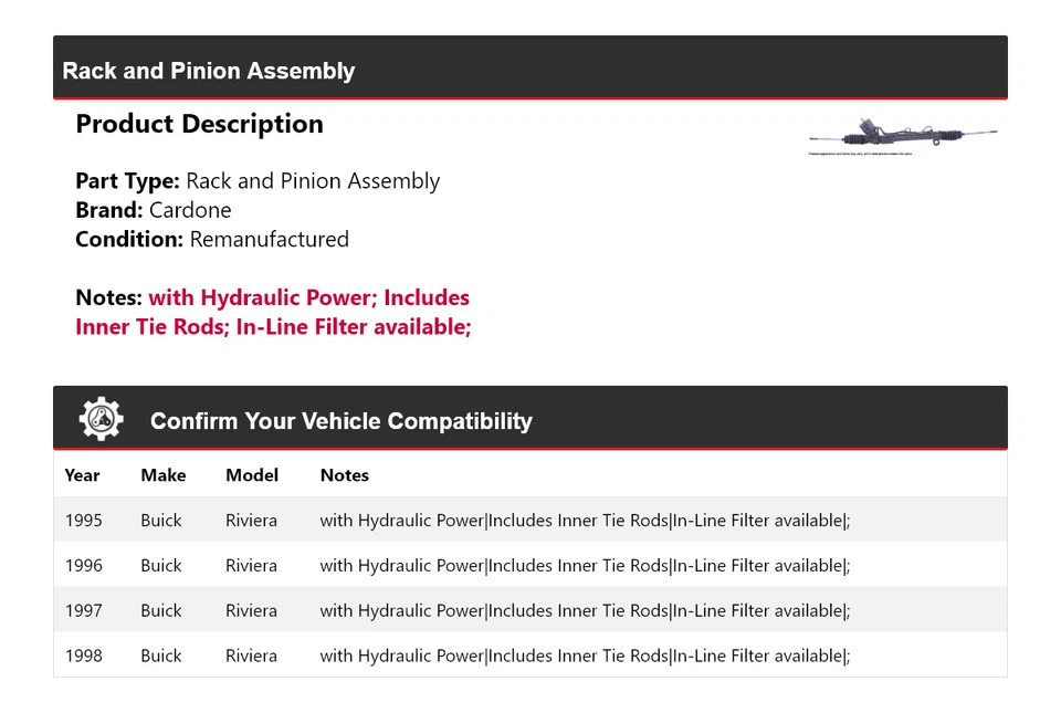 For 1995-1998 Buick Riviera Rack and Pinion Assembly Cardone 1996 1997 - Image 2 of 4