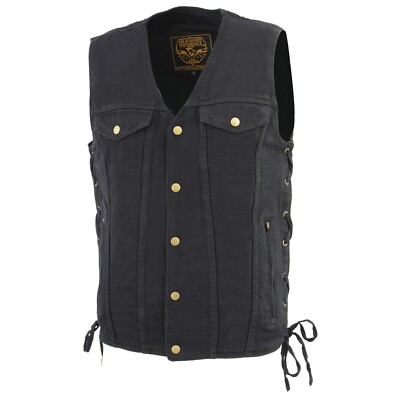 Milwaukee Leather DM1360 Men's Black Side Lace Denim Vest with Chest Pockets