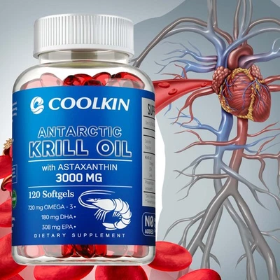 COOLKIN Antarctic Krill Oil 3000mg -with Omega-3 EPA, DHA, Astaxanthin and Phospholipids