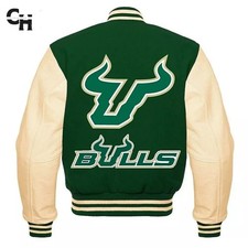 Letterman South Florida Bulls Green and Cream Varsity Jacket