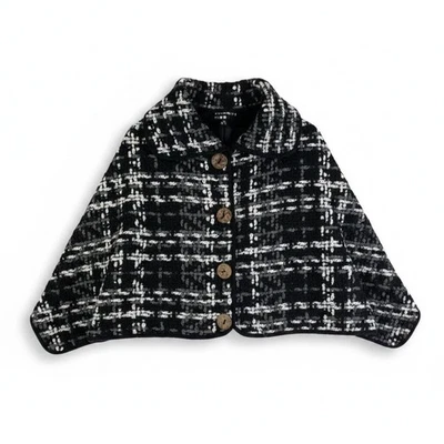 Womens Tweed Plaid Woven Cape Shawl Poncho Button Front Black White One Size - Image 1 of 4