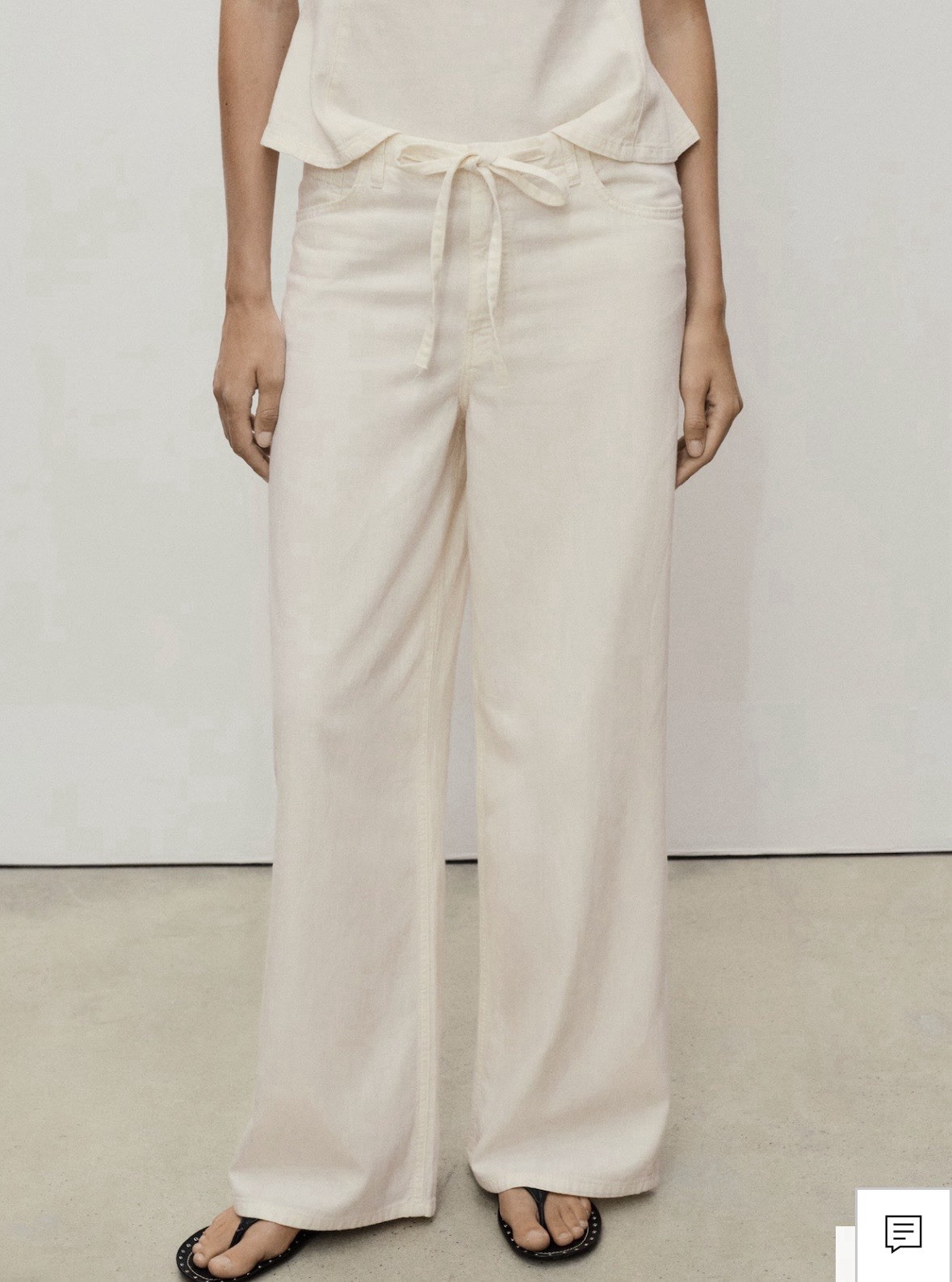 Mango Ivory Cotton Wide-Leg Drawstring Women's Pants with Pockets