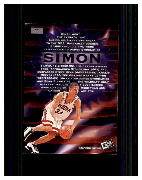 1998 Press Pass Fastbreak Miles Simon #FB12 ARIZONA STAR MINT ROOKIE - Image 2 of 2