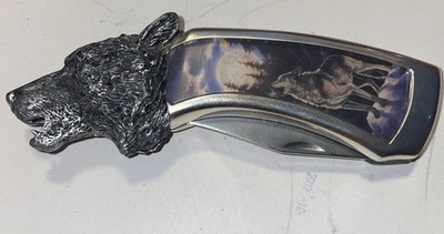 Franklin Mint Wolf's Head Collector Knife Howling at the Moon Timber Wolf