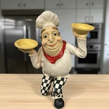 Chef Figurine /statue with Serving Bowls Checkered Pants Kitchen Decor 10”