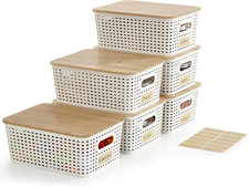 6 Pack Plastic Storage Bins with Bamboo Lids Stackable Organizer Boxes Labels
