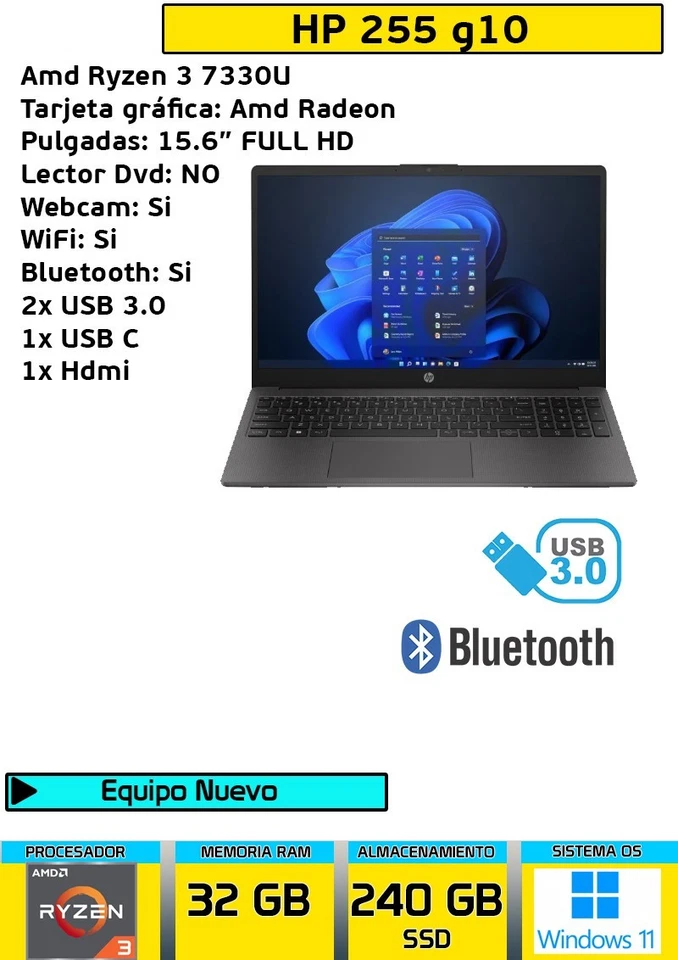 ORDENADOR PORTATIL HP 255 G10 AMD RYZEN 32 GB RAM 240 GB SSD WINDOWS 11 NUEVO - Imagen 4 de 4