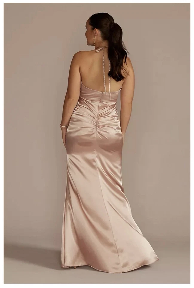 Vestido de Dama de Honor David’s Nuevo con Etiquetas Talla 18 Cuello Atado Halter En DORADO Foto 2 de 2