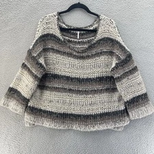 Free People Oversized Sweater Women Small Grey Loopy Striped Chunky Knit Wool